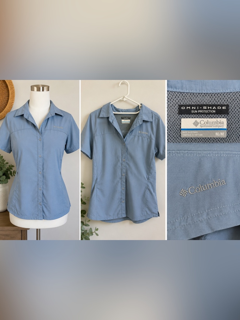 Columbia Omni-Shade Women’s Medium Blue Short Sleeve Button Front Hiking Shirt - Picture 2 of 4